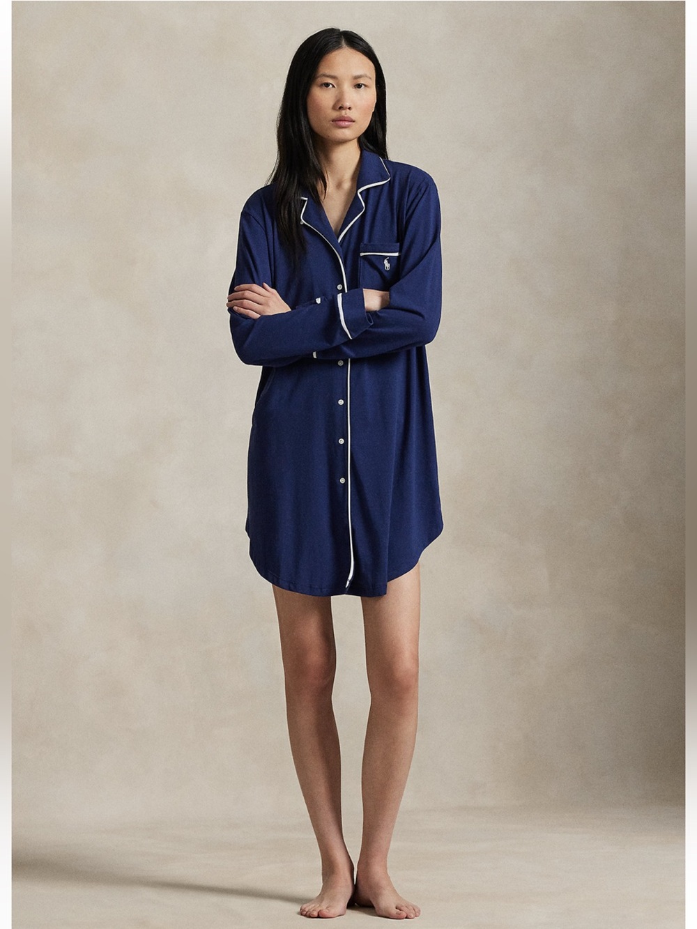 Ralph Lauren Navy Sleep Shirt with White Piping %100 cotton